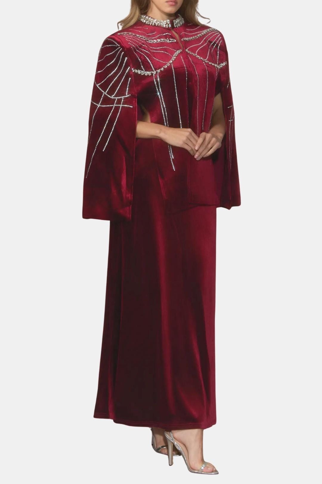 Allie – Crystal Cape Velvet Skirt Set in Burgundy