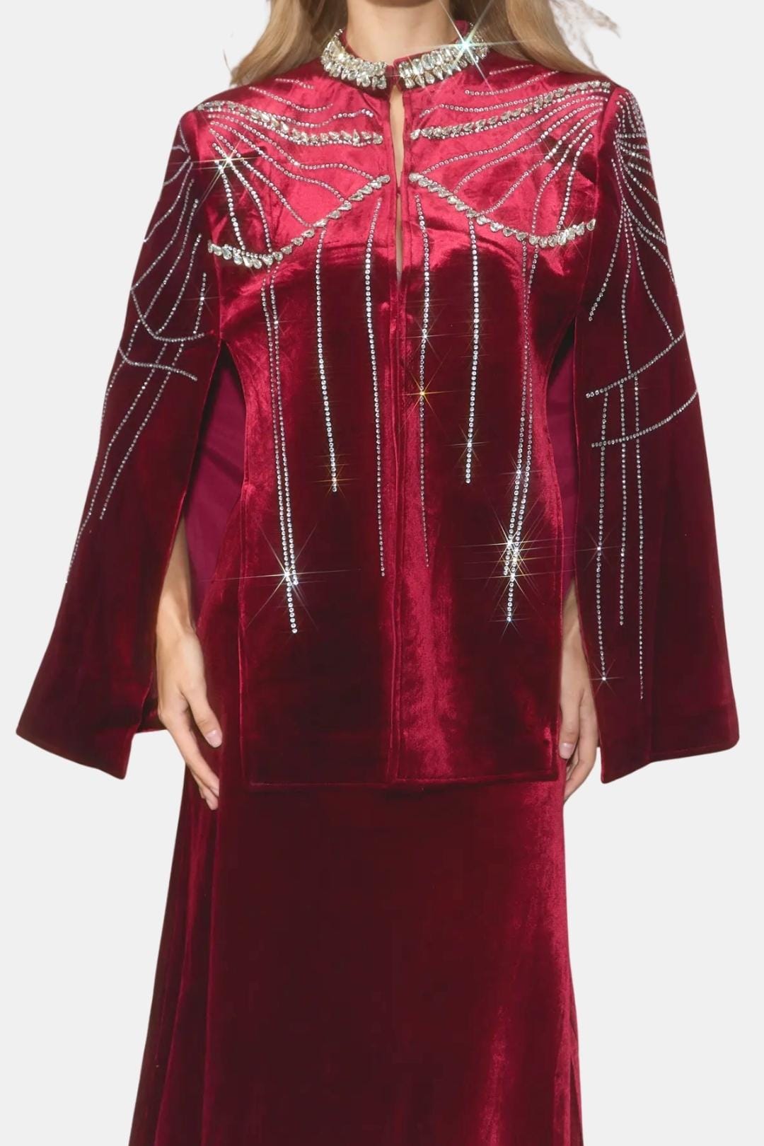 Allie – Crystal Cape Velvet Skirt Set in Burgundy